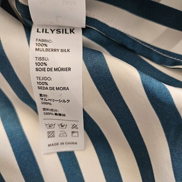 LilySilk Women's The Amalfi Stripe Silk Shirt, L, Blue & White Pinstripe, NWT - Picture 5 of 11